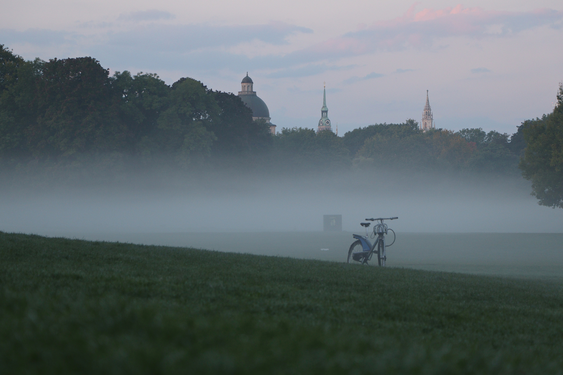 Frühmorgens im Englischen Garten bei Nebel mit Blick auf München