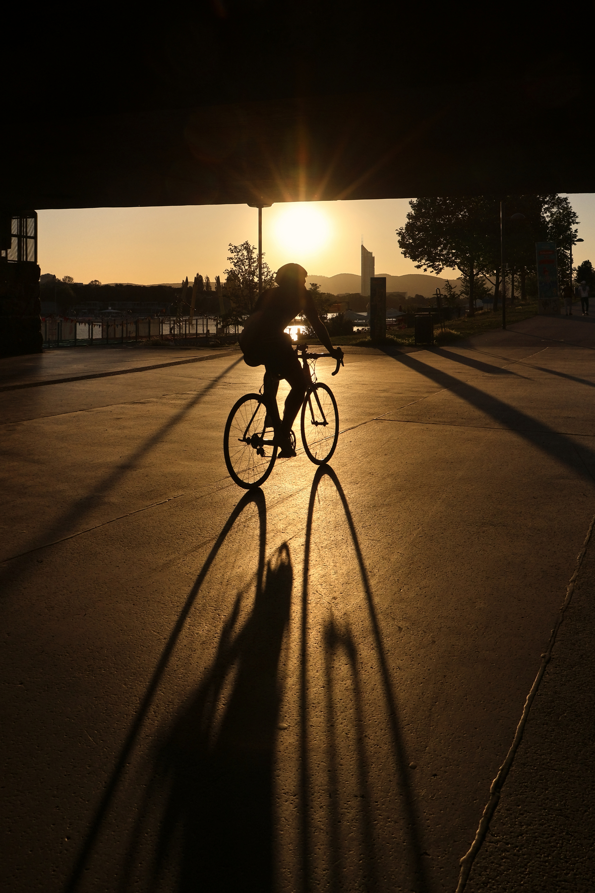 Wien U-Bahnstation Donauinsel Fahrradfahrer Gegenlicht Sommerabend Goldene Stunde