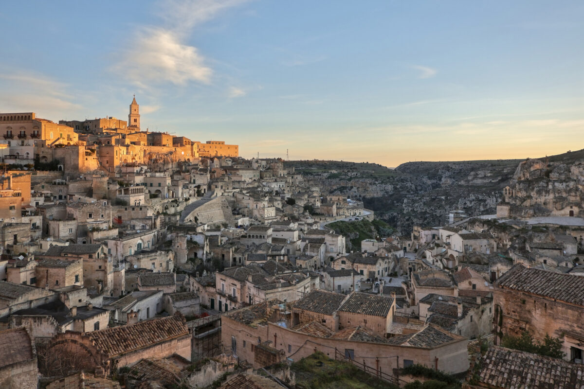 Sassi di Matera Ausblick am Morgen Sonnenaufgang Goldene Stunde